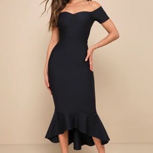 Lulus "How much I care Midnight Blue off-the-shoulder Midi dress"